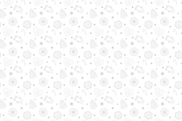 Seamless holiday pattern with outlined gingerbread men, trees, candy canes, ornaments, hearts, and snowflakes. Light gray on white. Elegant and festive design for seasonal decor