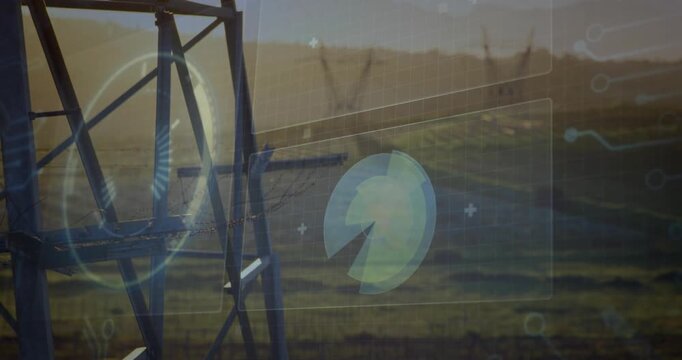 HUD overlay activating by tower at dusk circular glyph rotating and tilting over hills showing data