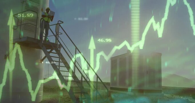 Camera panning stairway, tech climbing and checking tablet, inspecting turbine as neon graph rising