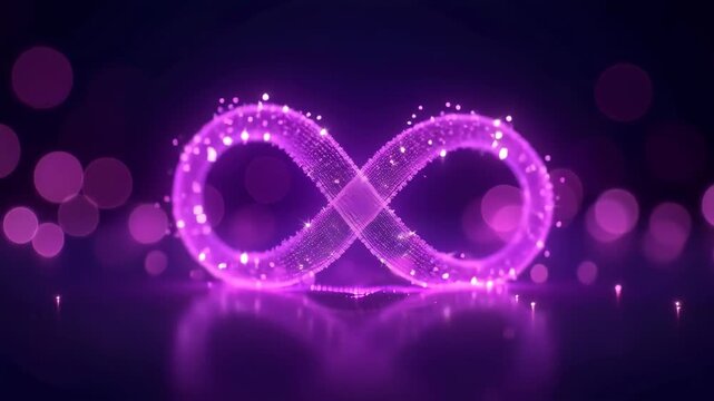 Glowing purple infinity symbol made of sparkling particles with bokeh lights and reflection on dark background, magical endless love concept, concept of womens day, spiritual brands