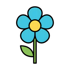 Simple blue flower with yellow center and green leaf on white background image photo
