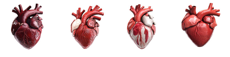 Four anatomical human hearts displayed vertically with detailed structures isolated on transparent background