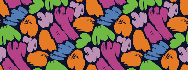 Colorful abstract brush stroke seamless pattern on dark background.