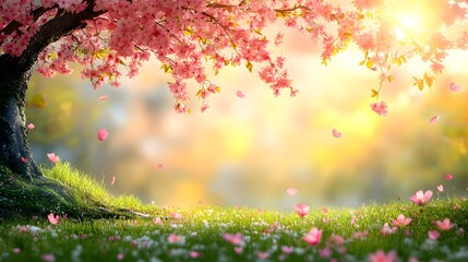 Cherry blossom tree blooms in springtime with petals falling gently in a serene landscape