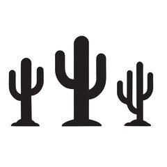 Three black silhouettes of saguaro cacti on a white background