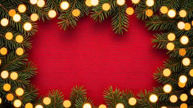 Festive christmas fir branches adorned with twinkling golden lights frame a textured red background - Powered by Adobe