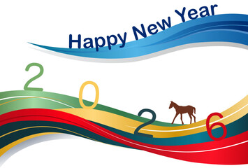 2026 New Year's Card Design: Colorful Wave Pattern and Horse Silhouette New Year Illustration