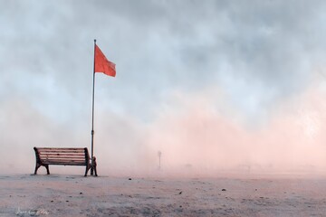 Serene watercolor scene: an empty memorial bench with a folded flag, soft morning light, ample space on right for commemorative text