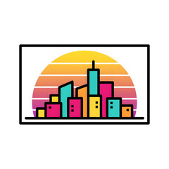 Stylized City Skyline with Retro Sunset and Vibrant Colors Keywords: city, skyline, urban