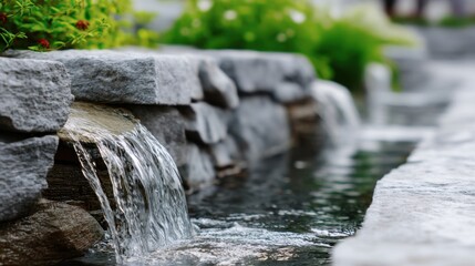 Water gently flowing over stacked stone as a decorative backyard waterfall fountain. Tranquil garden design feature for relaxation and landscape concept.