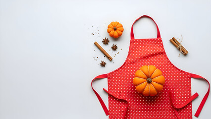 Cozy autumn baking scene featuring a red polka dot apron adorned with pumpkins and spices