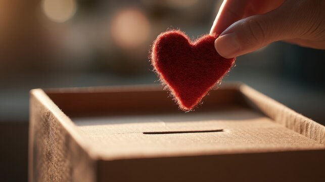 Hand of a person dropping a red felt heart into a wooden donation box. Concept of giving, charity, and love for Valentines Day. - Powered by Adobe