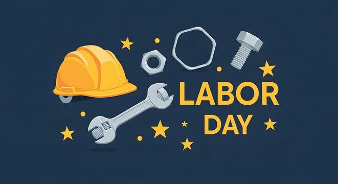 Labor day celebration with construction tools and golden stars on a dark blue background - Powered by Adobe
