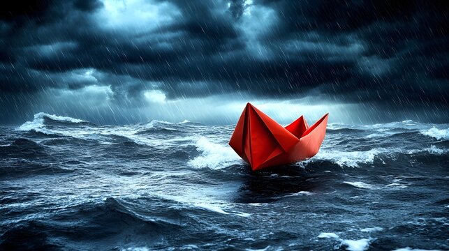 Red paper boat navigates stormy sea under dark clouds and heavy rain during a fierce weather event
