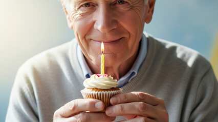 Grandfather smiling warmly while holding a birthday cupcake with a candle