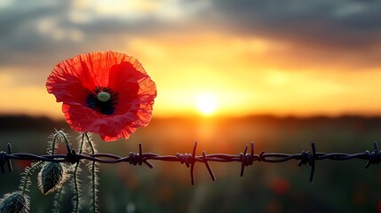 Red poppy blooms beside barbed wire fence during sunset in a serene rural landscape