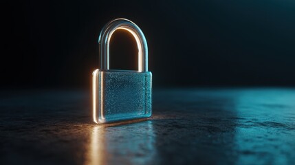 Glowing digitally rendered padlock on a dark background, representing data protection, encryption, and cyber security for modern technology.