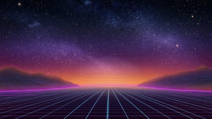 Retro futuristic landscape concept. Synthwave 80s background grid with starry night sky and mountain silhouette. For vaporwave music and video games.