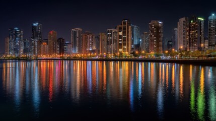 Naklejka premium Illuminated city skyline with colorful light reflection on water at night. Modern urban landscape for travel advertisement or architectural concept.