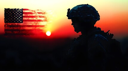 A soldier stands in profile against a vibrant sunset, with the silhouette of the American flag blending into the scene, symbolizing patriotism during a moment of reflection.
