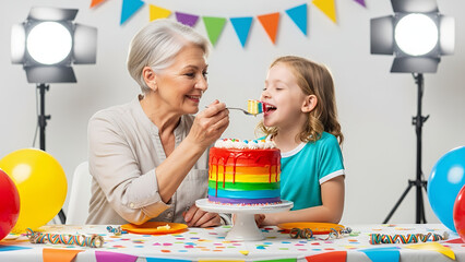 Fototapeta premium Grandmother feeding a slice of colorful rainbow cake to a delighted child at a birthday celebration