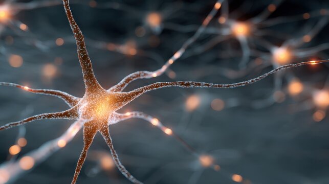 Close up view of human neuron cell with electrical impulses. Active nerve cell for neurology, brain activity, and medical research concept.