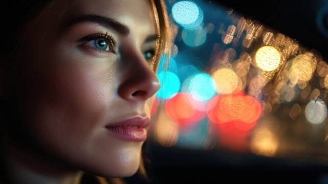 Woman looking out car window at night city lights through rain. Evening drive concept, urban atmosphere, and travel mood.