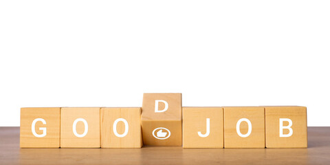 Wooden blocks with good job text for positive feedback concept, isolated on transparent background