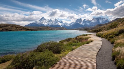 Wooden boardwalk and gravel path winding alongside a turquoise lake with snow-capped mountains in the background under a blue sky, nature landscape for travel.