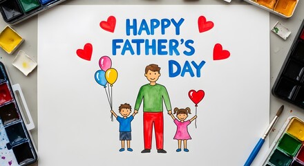 Happy father s day drawing with father son daughter balloons hearts and watercolor paints on a white background