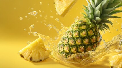 Whole pineapple and slice splashing into golden juice with water droplets. Refreshing tropical fruit for healthy drink and summer cocktail.