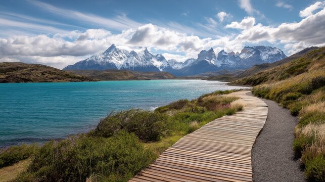 Wooden boardwalk and gravel path winding alongside a turquoise lake with snow-capped mountains in the background under a blue sky, nature landscape for travel. - Powered by Adobe