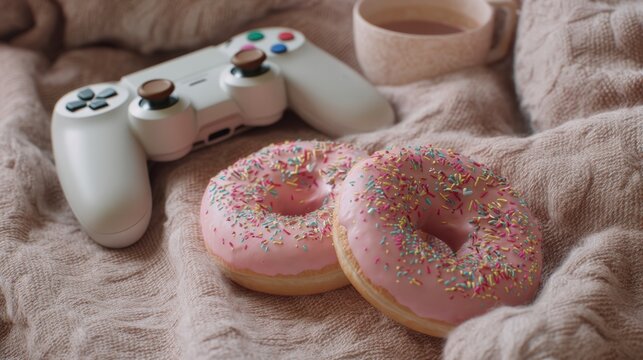Two pink donuts with sprinkles, a game controller, and a mug of drink on a cozy blanket. Comfort and relaxation concept for leisure time or weekend.