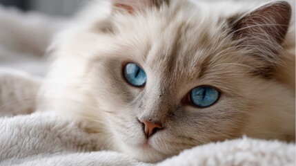 Close up of a ragdoll cat with bright blue eyes resting on a fluffy white blanket. Pet portrait for animal care and feline beauty concept.