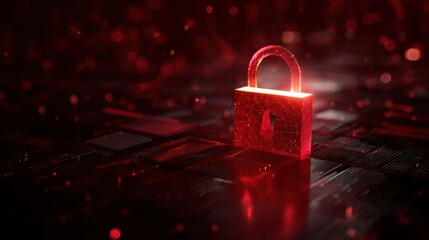 Red padlock symbol with glowing abstract pattern on dark circuit board. Digital data and network security concept for cyber protection.