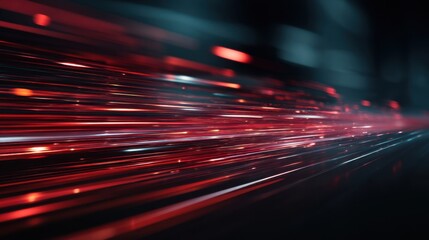 Abstract red light streaks on dark background representing high speed movement. Data transfer concept for modern technology, internet, and communication.