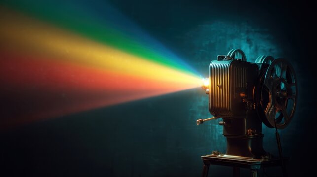 Vintage film projector casting a vibrant rainbow light beam into a dark hazy room. Cinematic experience, entertainment, and movie night concept.