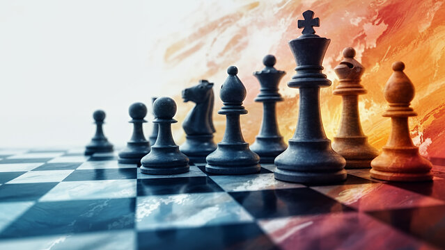 Artistic chess set featuring black and white pieces on a board with a vibrant, abstract background