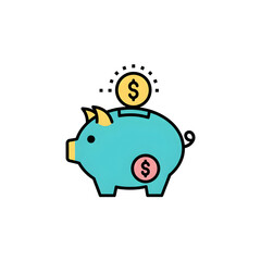Turquoise piggy bank with dollar coins on white background Keywords: piggy bank, money, savings