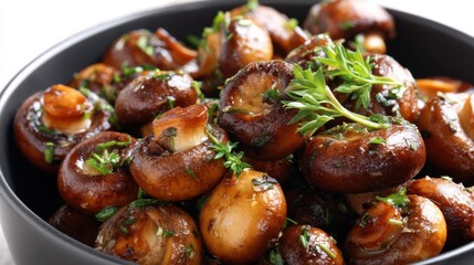 Fototapeta premium Delicious roasted brown button mushroom appetizer or side dish served in a dark bowl, garnished with fresh herb. Healthy vegan food concept.