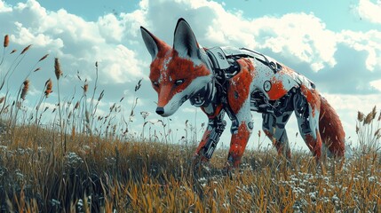 Futuristic Fox Roaming in a Grassy Field Under Cloudy Skies.