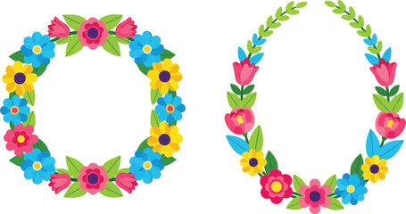 Two floral wreath frames with colorful flowers and green leaves on white