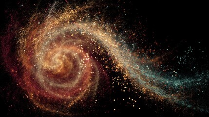 Abstract spiral galaxy of colorful particles on black background. Cosmic nebula or star cluster for science and technology concept.