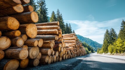 Large stack of felled log by unpaved mountain road. Forestry industry and wood logging concept for natural resource management and deforestation.
