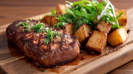 Grilled steak with roasted potato and green salad on a wooden board. Delicious classic main course for dinner, restaurant menu.