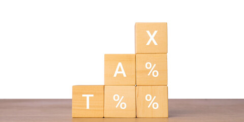 Wooden blocks with tax percentage text for increasing tax rate concept, isolated on transparent background