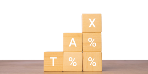 Wooden blocks with tax percentage text for increasing tax rate concept, isolated on transparent background