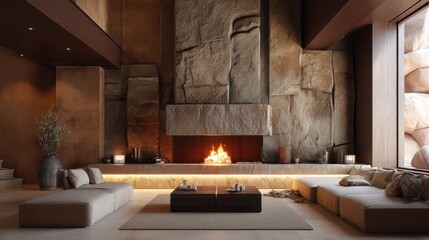 Obraz premium Modern living room interior with a cozy fireplace and stone wall. Luxury home design with contemporary furniture and warm ambiance for relaxation.