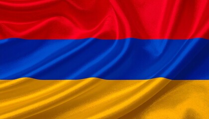 Fototapeta premium Armenian flag with horizontal red, blue, and orange stripes on textured fabric against light background.