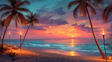 Tropical beach at sunset with palm tree, tiki torch, and ocean. Summer vacation, travel and holiday concept. Idyllic paradise illustration.